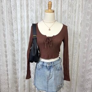 Pacsun L.A. Hearts Brown Ribbed Long Sleeve Top‎ Women's XS Cropped Preppy Tie